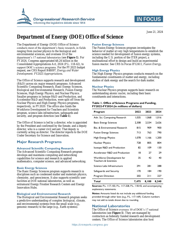 Department Of Energy Doe Office Of Science Everycrsreport